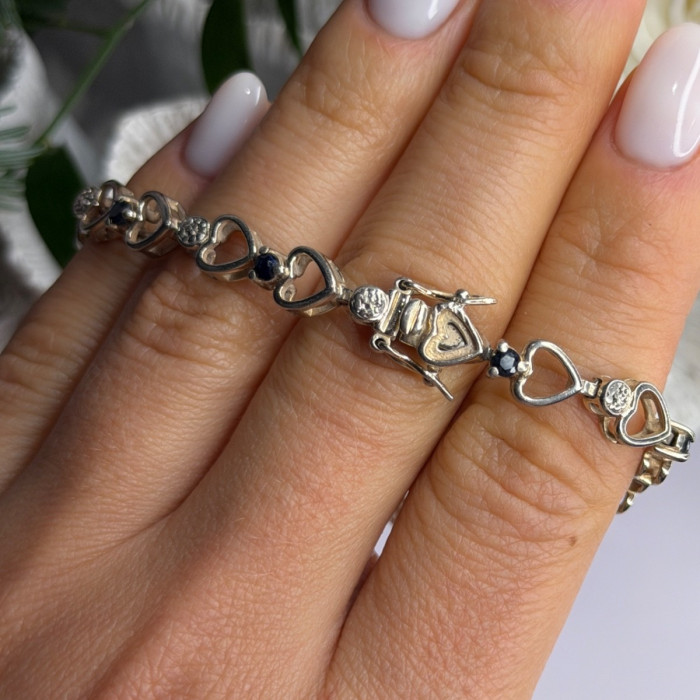 925 Sterling Silver Sapphire Heart Bracelet Size 7.5