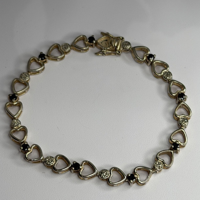 925 Sterling Silver Sapphire Heart Bracelet Size 7.5