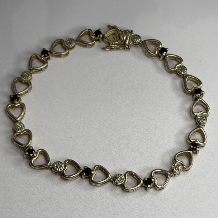 925 Sterling Silver Sapphire Heart Bracelet Size 7.5