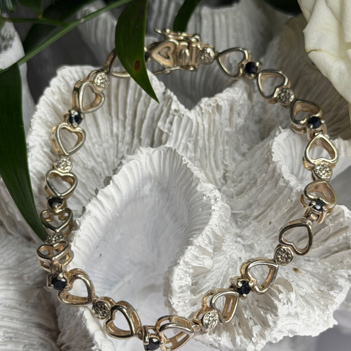 925 Sterling Silver Sapphire Heart Bracelet Size 7.5
