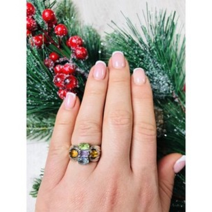 925 Sterling Silver Multi Gemstones Ring Size 6.5