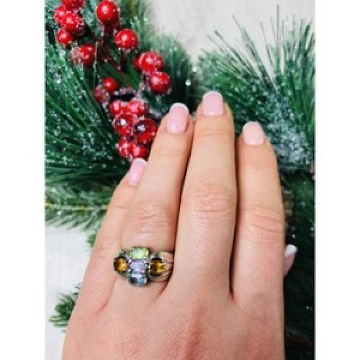 925 Sterling Silver Multi Gemstones Ring Size 6.5