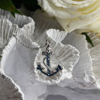 925 Sterling Silver Anchor Cz Necklace Length 19 in