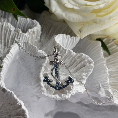 925 Sterling Silver Anchor Cz Necklace Length 19 in