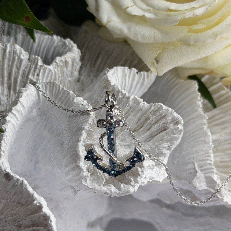 925 Sterling Silver Anchor Cz Necklace Length 19 in
