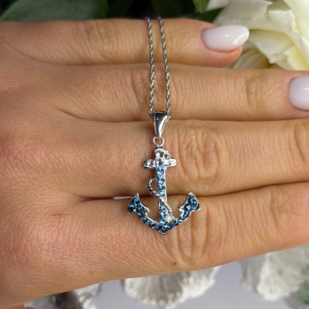 925 Sterling Silver Anchor Cz Necklace Length 19 in