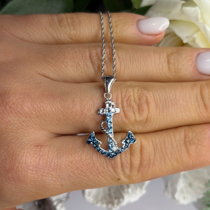 925 Sterling Silver Anchor Cz Necklace Length 19 in