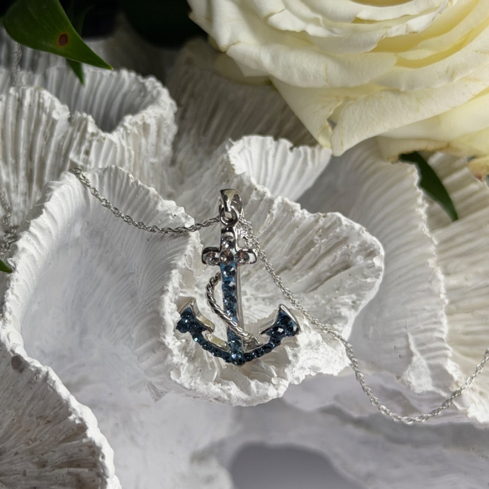 925 Sterling Silver Anchor Cz Necklace Length 19 in