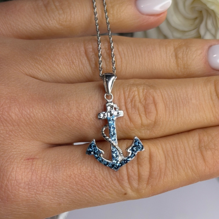 925 Sterling Silver Anchor Cz Necklace Length 19 in