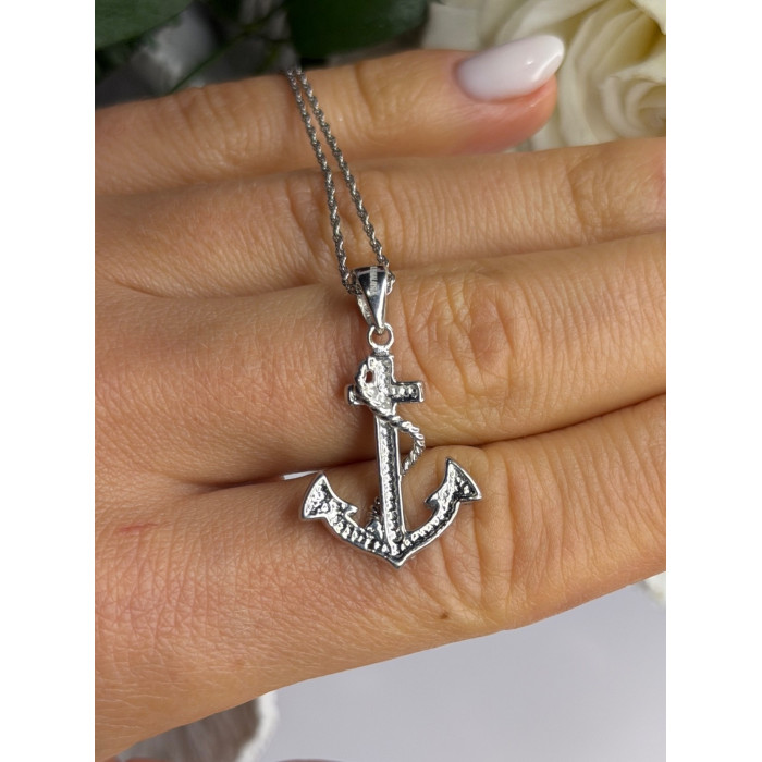 925 Sterling Silver Anchor Cz Necklace Length 19 in