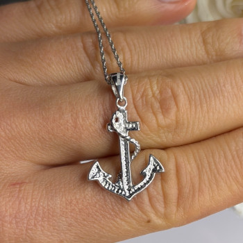 925 Sterling Silver Anchor Cz Necklace Length 19 in