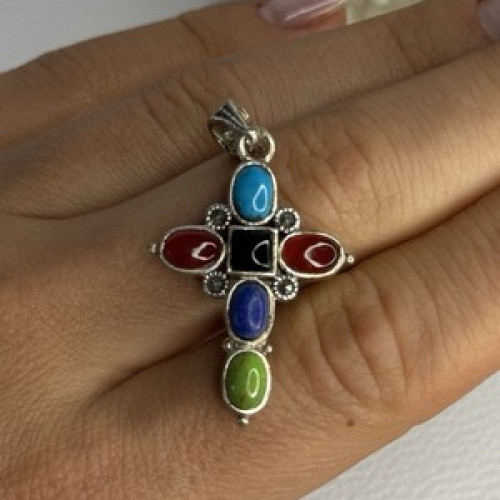 925 Sterling Silver Onyx Turquoise Agate Cross Length 1.60 Inch
