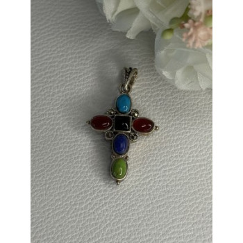 925 Sterling Silver Onyx Turquoise Agate Cross Length 1.60 Inch