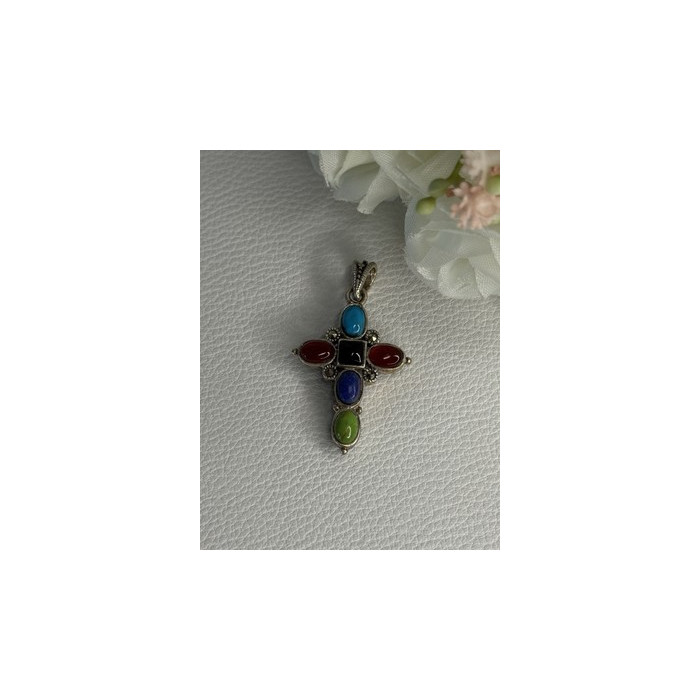 925 Sterling Silver Onyx Turquoise Agate Cross Length 1.60 Inch