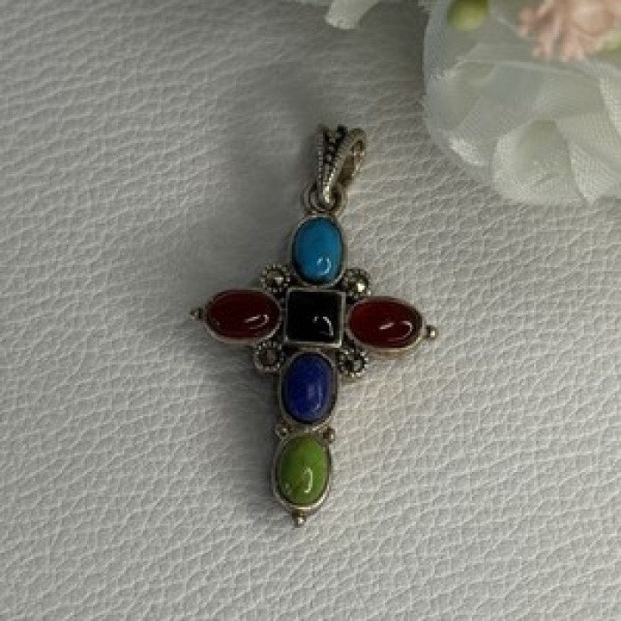 925 Sterling Silver Onyx Turquoise Agate Cross Length 1.60 Inch