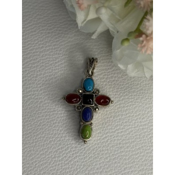 925 Sterling Silver Onyx Turquoise Agate Cross Length 1.60 Inch