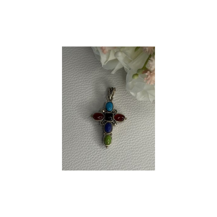 925 Sterling Silver Onyx Turquoise Agate Cross Length 1.60 Inch