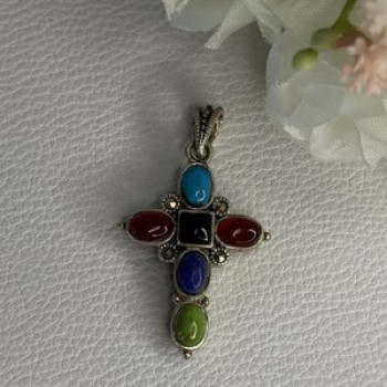 925 Sterling Silver Onyx Turquoise Agate Cross Length 1.60 Inch
