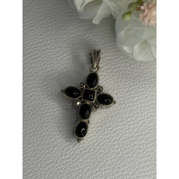 925 Sterling Silver Onyx Turquoise Agate Cross Length 1.60 Inch