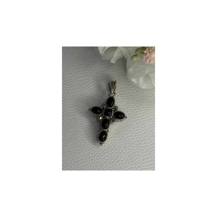 925 Sterling Silver Onyx Turquoise Agate Cross Length 1.60 Inch