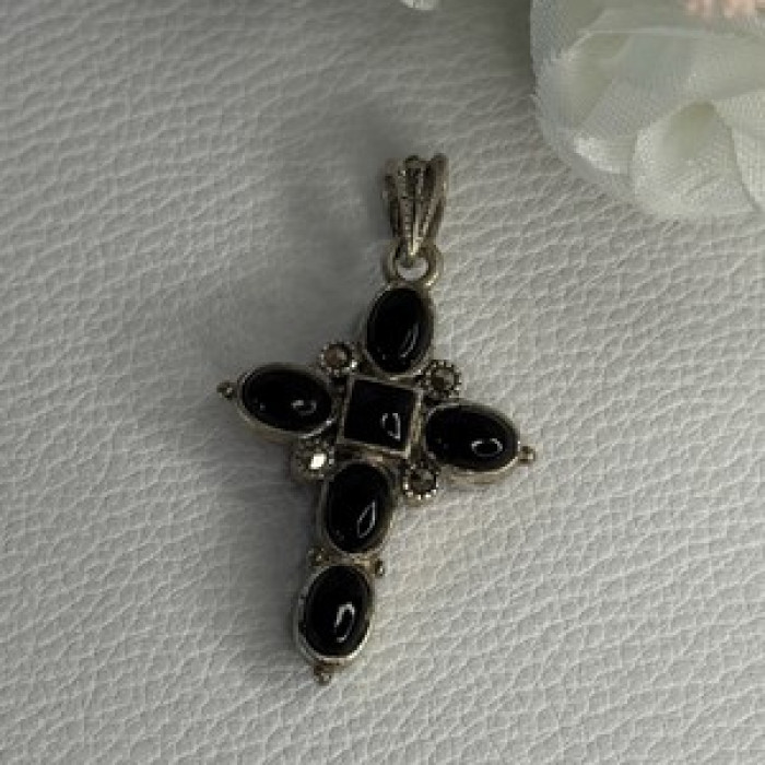 925 Sterling Silver Onyx Turquoise Agate Cross Length 1.60 Inch
