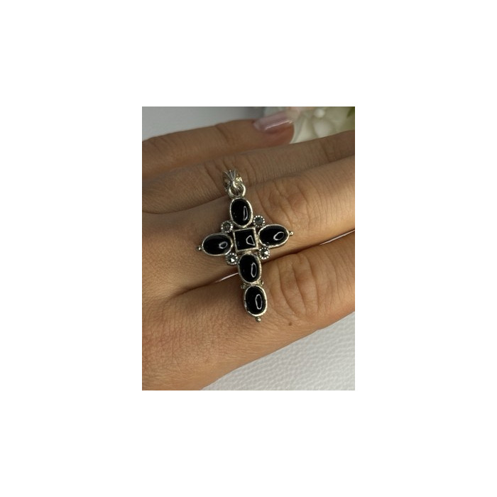 925 Sterling Silver Onyx Turquoise Agate Cross Length 1.60 Inch