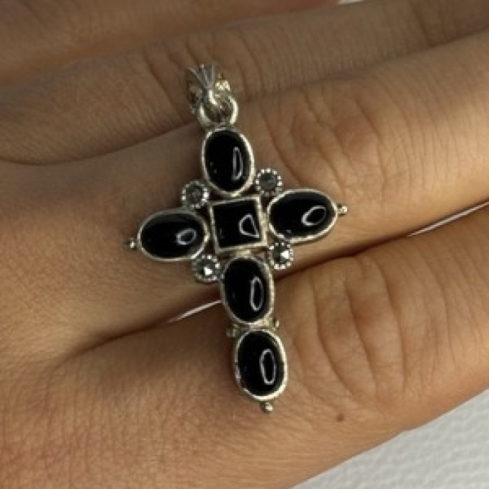925 Sterling Silver Onyx Turquoise Agate Cross Length 1.60 Inch