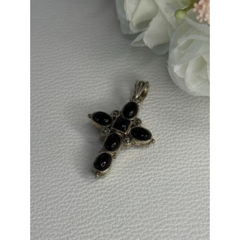 925 Sterling Silver Onyx Turquoise Agate Cross Length 1.60 Inch