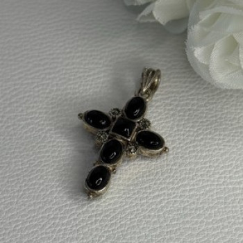 925 Sterling Silver Onyx Turquoise Agate Cross Length 1.60 Inch