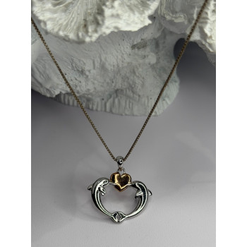 925 Sterling Silver Gold Plated Heart & Dolphins Necklace Length 18 in