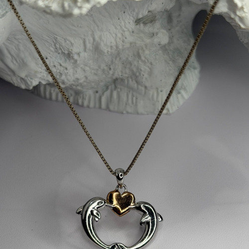 925 Sterling Silver Gold Plated Heart & Dolphins Necklace Length 18 in