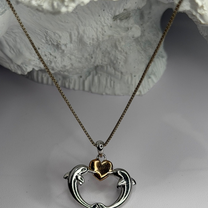 925 Sterling Silver Gold Plated Heart & Dolphins Necklace Length 18 in