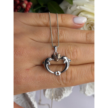 925 Sterling Silver Gold Plated Heart & Dolphins Necklace Length 18 in