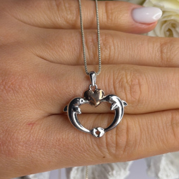 925 Sterling Silver Gold Plated Heart & Dolphins Necklace Length 18 in