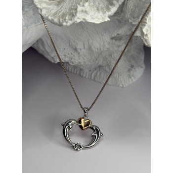 925 Sterling Silver Gold Plated Heart & Dolphins Necklace Length 18 in