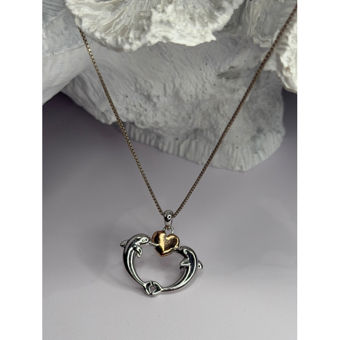 925 Sterling Silver Gold Plated Heart & Dolphins Necklace Length 18 in