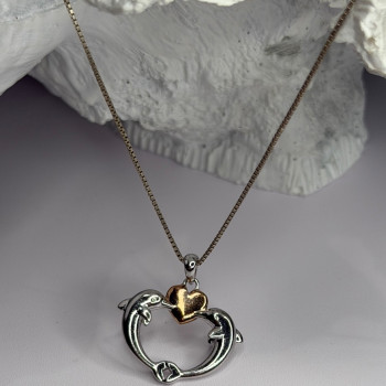 925 Sterling Silver Gold Plated Heart & Dolphins Necklace Length 18 in