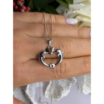 925 Sterling Silver Gold Plated Heart & Dolphins Necklace Length 18 in