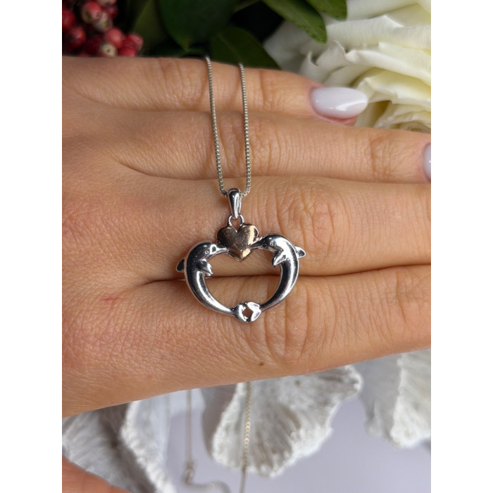 925 Sterling Silver Gold Plated Heart & Dolphins Necklace Length 18 in