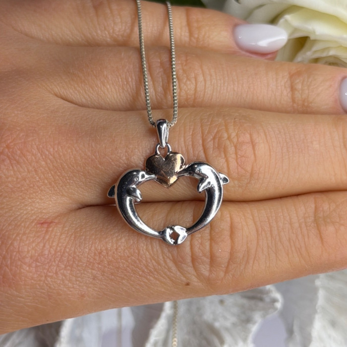 925 Sterling Silver Gold Plated Heart & Dolphins Necklace Length 18 in
