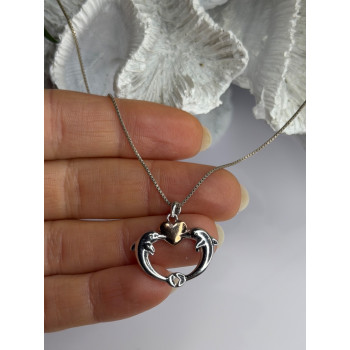 925 Sterling Silver Gold Plated Heart & Dolphins Necklace Length 18 in