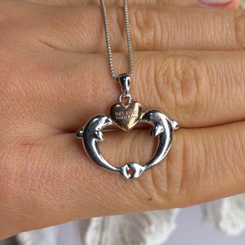 925 Sterling Silver Gold Plated Heart & Dolphins Necklace Length 18 in