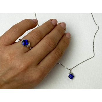 925 Sterling Silver  London Blue Topaz Ring & Chain with Pendant Set