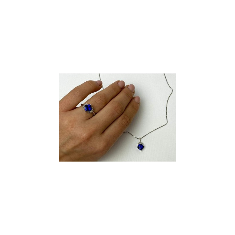 925 Sterling Silver  London Blue Topaz Ring & Chain with Pendant Set