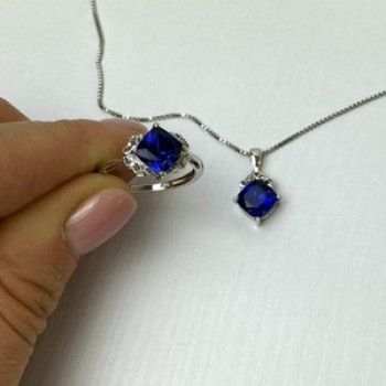 925 Sterling Silver London Blue Topaz Ring & Chain With Pendant Set