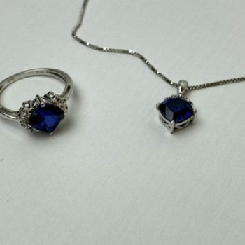 925 Sterling Silver London Blue Topaz Ring & Chain With Pendant Set