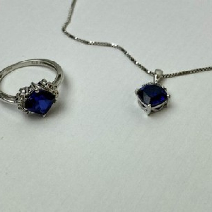 925 Sterling Silver London Blue Topaz Ring & Chain With Pendant Set