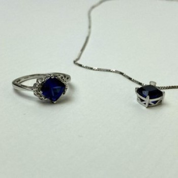 925 Sterling Silver London Blue Topaz Ring & Chain With Pendant Set