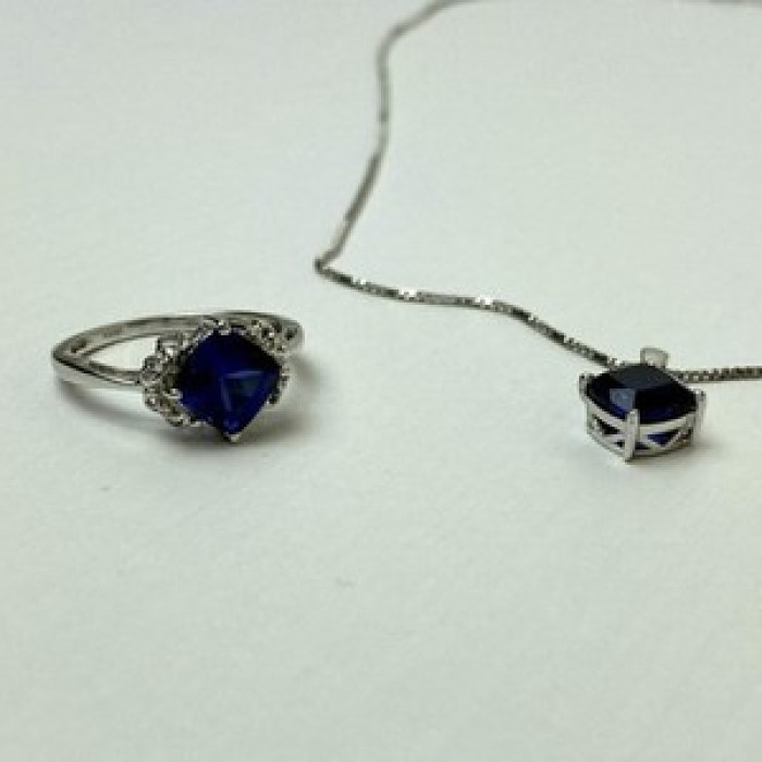 925 Sterling Silver London Blue Topaz Ring & Chain With Pendant Set