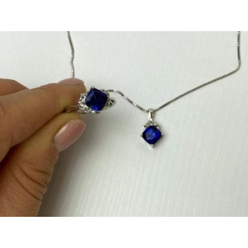 925 Sterling Silver  London Blue Topaz Ring & Chain with Pendant Set